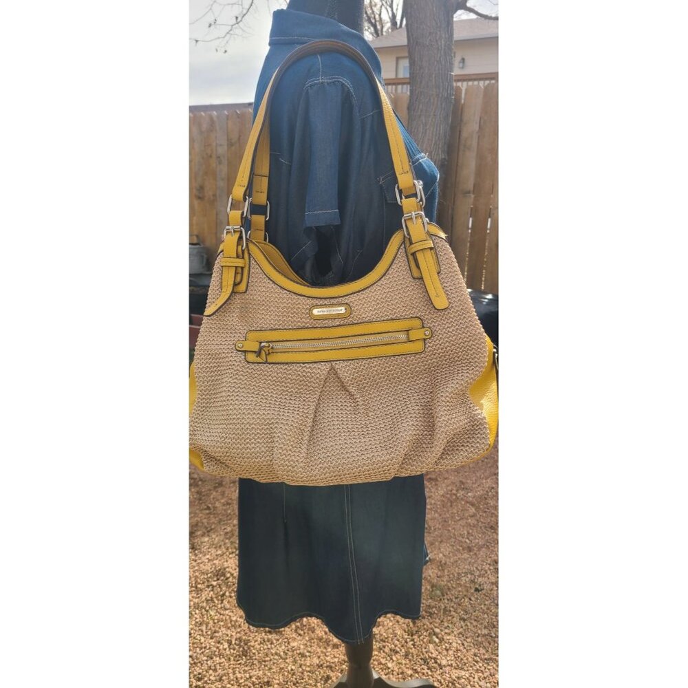 Dana Buchman Pebble Yellow Faux Leather & Straw Two Handle Bag Purse